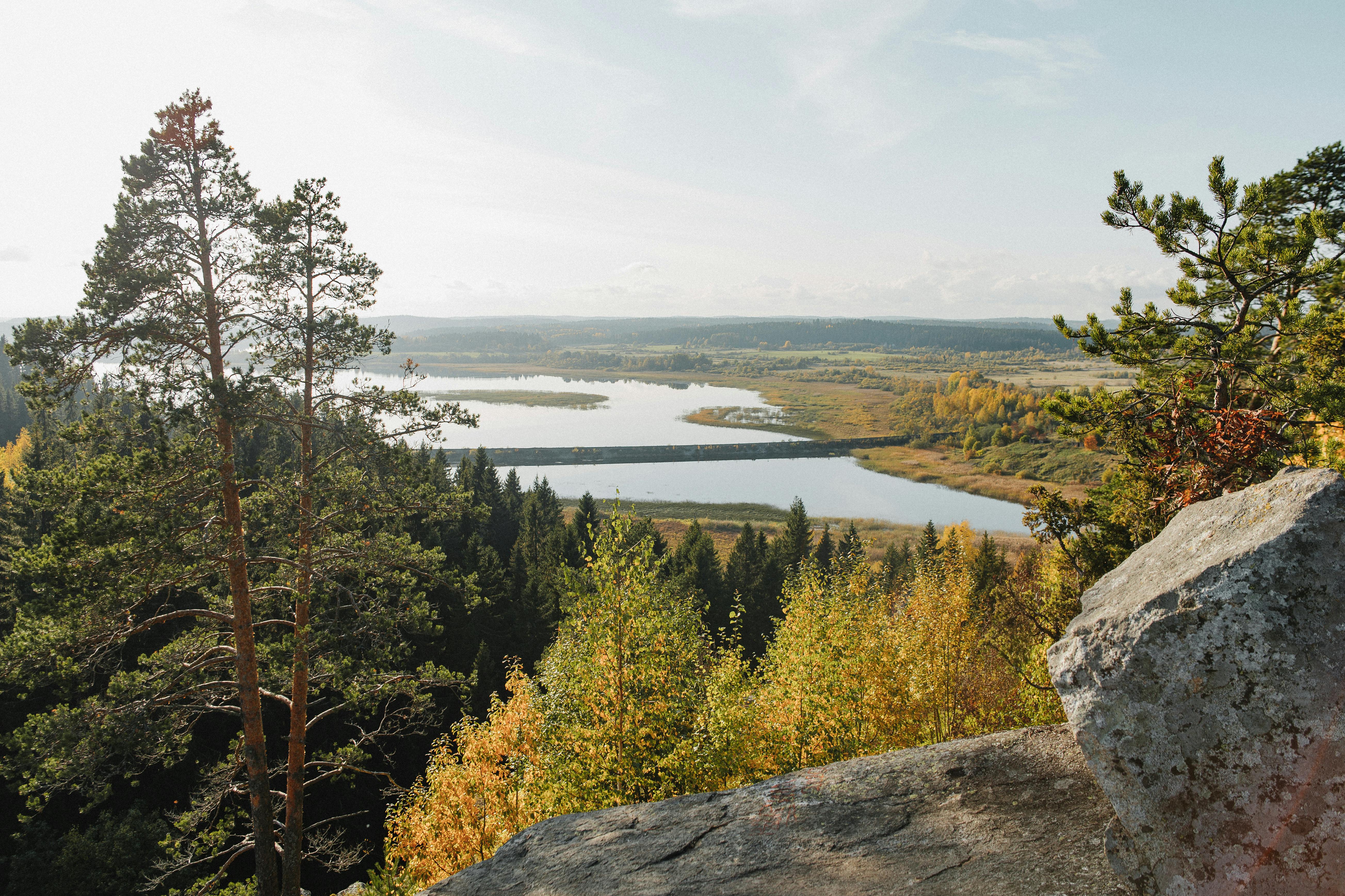 Finnish lake landscape in autumn – forest, lake and rock panorama