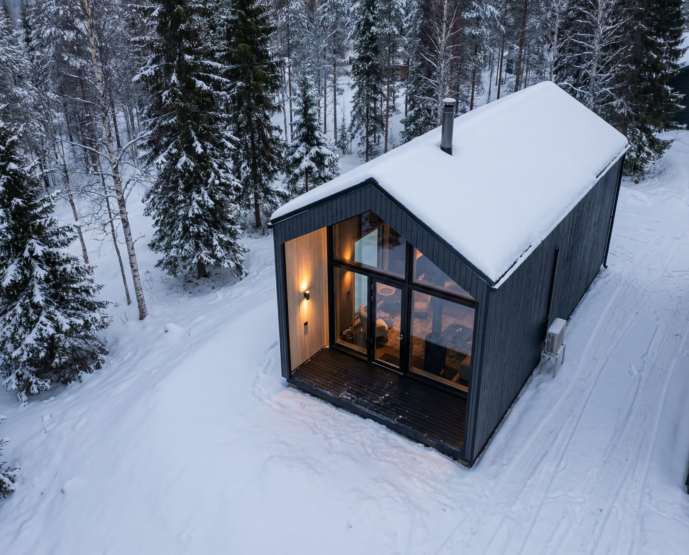 Sulo Retreats – modern cabin exterior in winter forest