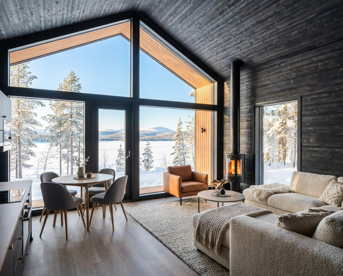 Sulo Retreats – bright living room with panoramic winter view