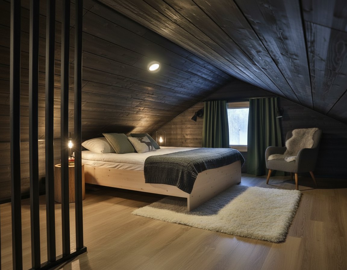 Sulo Retreats – loft bedroom dark wood atmosphere